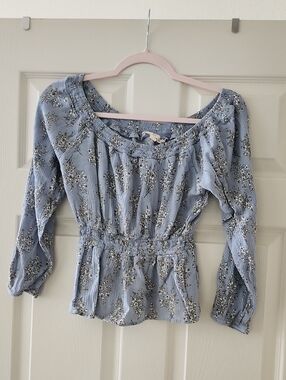 Hippie Rose Light Blue Floral Smocked Peasant Blouse
